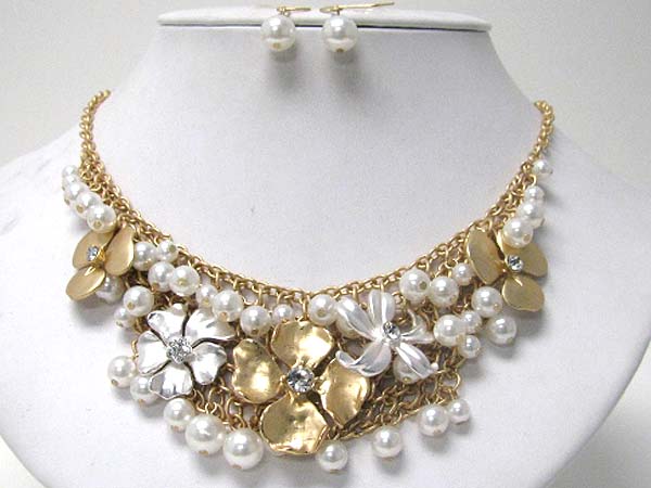 Crystal center multi metal flower and peal deco bib style necklace earring set