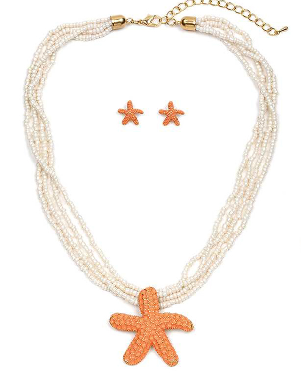 Multi layer seedbeads starfish drop necklace set