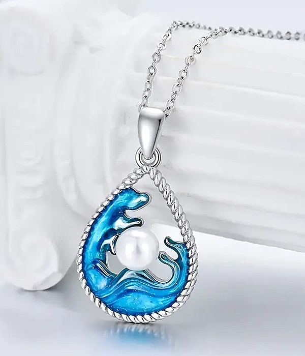 Sealife theme teardrop pendant necklace - faux pearl and wave