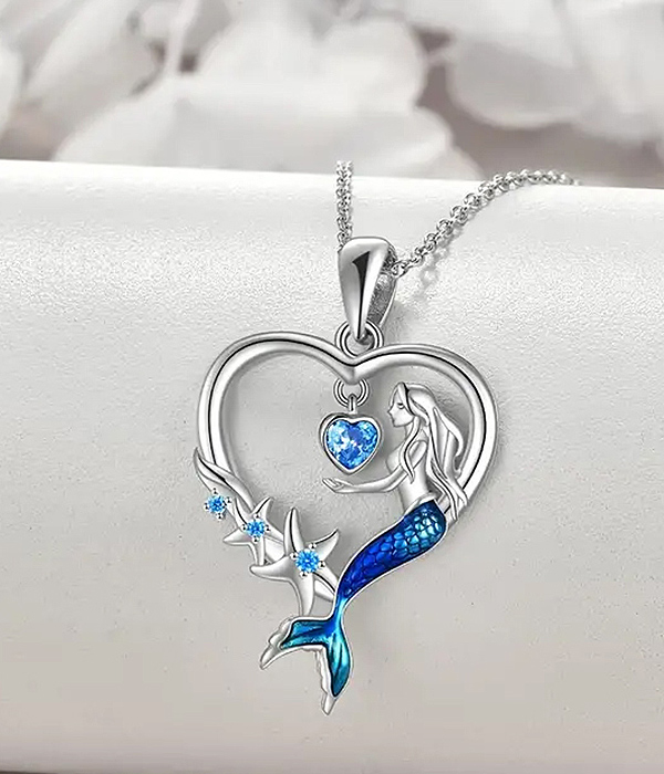 Sealife theme heart pendant necklace - mermaid and starfish