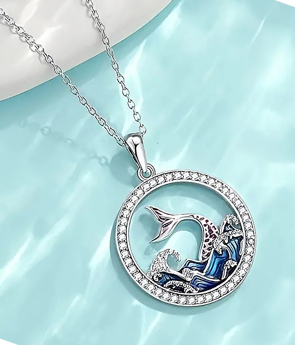 Sealife theme pendant necklace - mermaid tail and wave