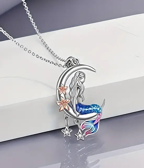 Sealife theme pendant necklace - mermaid and crescent moon