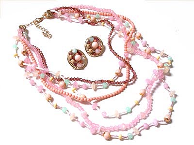 Multi strand natural stone beads necklace and earring set