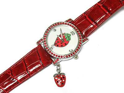 Crystal round face strawberry dangle and background leather band watch