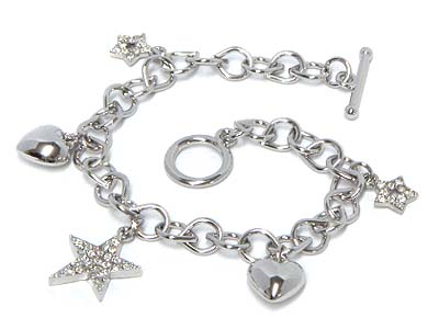 Crystal star and heart charm toggle bracelet