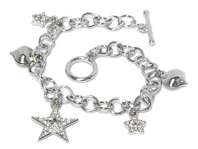 Crystal star and heart charm toggle bracelet