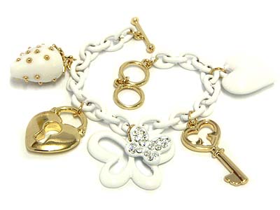 Strawberry butterfly heart and key charm bracelet