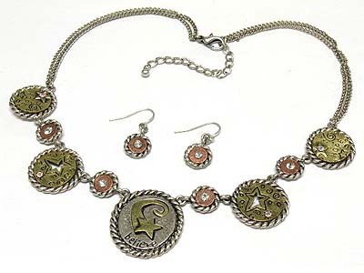 Antique metal round disk link with crystal double strand necklace and earring set