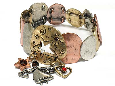 Antique style metal disk with crystal link and triple dangles bracelet 