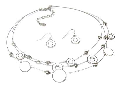 Epoxy covered round metal disk and metal bead triple strands necklace and earring set 