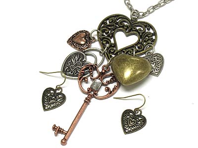 Casting metal heart pendant and multi heart charms necklace and earring set