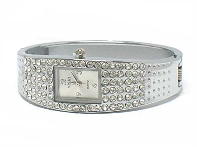 Crystal paved deco rectangle face metal hinge watch