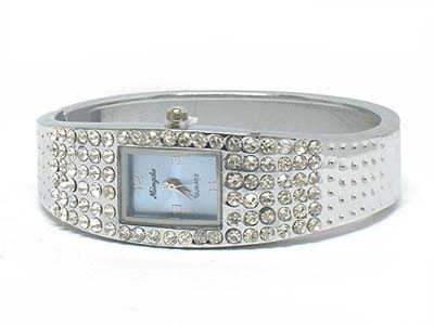 Crystal paved deco rectangle face metal hinge watch