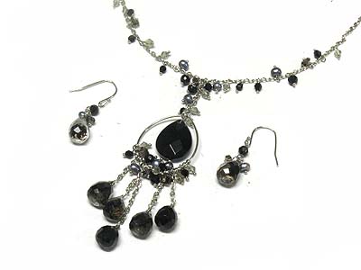 Facet semi precious stone chandelier dangle necklace and earring set