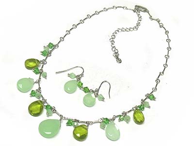 Facet semi precious stone and glass beads necklace and earring set