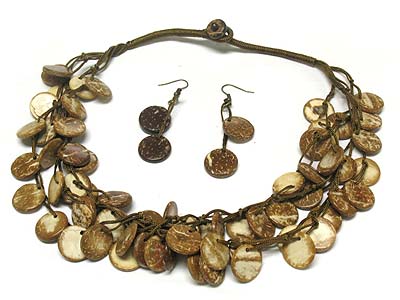 Multi  strands wood round disk necklace and earring set 