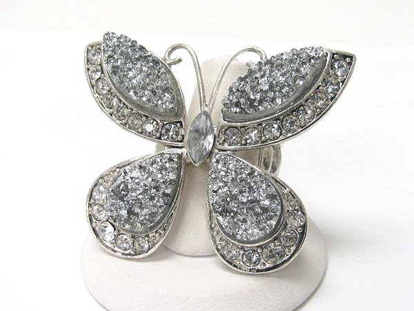 Crystal stud natural look rough face stone butterfly stretch ring