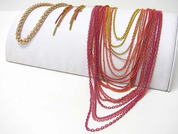 Multi row color metal long chain necklace earring set 