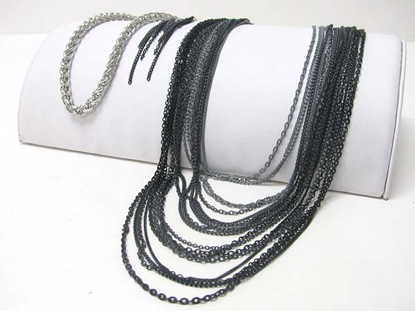 Multi row color metal long chain necklace earring set