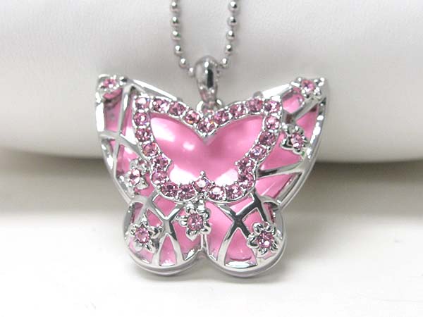 Made in korea whitegold plating crystal stud epoxy butterfly pendant necklace