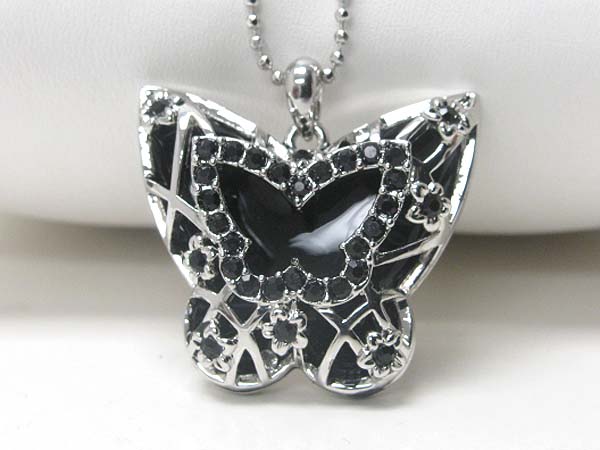 Made in korea whitegold plating crystal stud epoxy butterfly pendant necklace