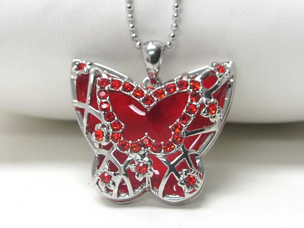 Made in korea whitegold plating crystal stud epoxy butterfly pendant necklace