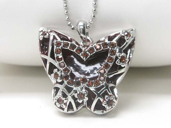 Made in korea whitegold plating crystal stud epoxy butterfly pendant necklace