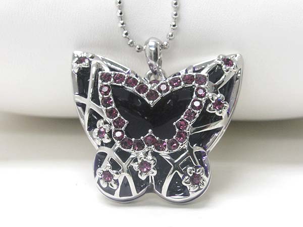 Made in korea whitegold plating crystal stud epoxy butterfly pendant necklace