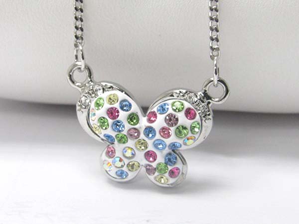 Made in korea whitegold plating crystal stud small butterfly pendant necklace