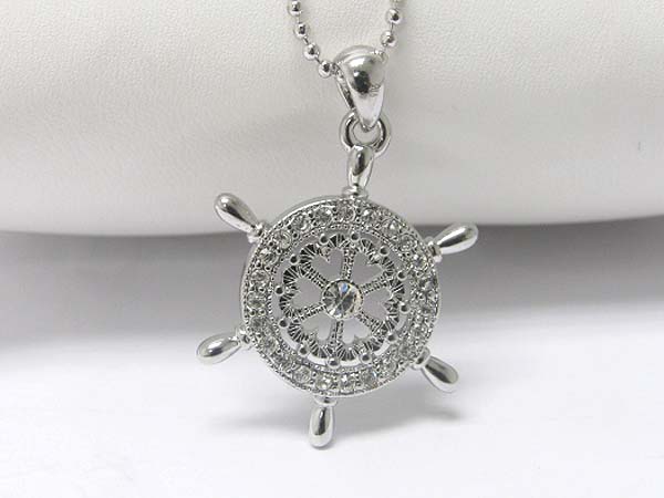 Made in korea whitegold plating crystal stud nautical wheel pendant necklace