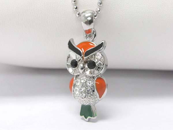 Made in korea whitegold plating crystal stud epoxy owl pendant necklace