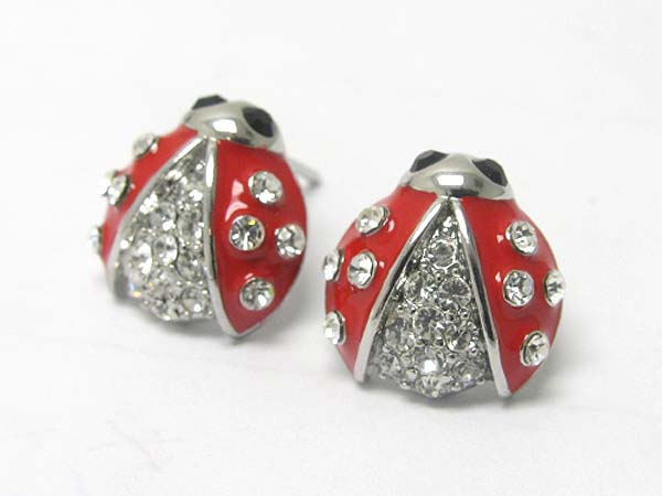 Made in korea whitegold plating crystal stud epoxy ladybug earring