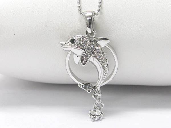 Made in korea whitegold plating crystal stud dolphin pendant necklace