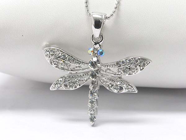 Made in korea whitegold plating crystal stud dragonfly pendant necklace