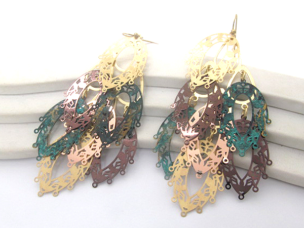 Multi metal cut out oval fashion filigree drop earring