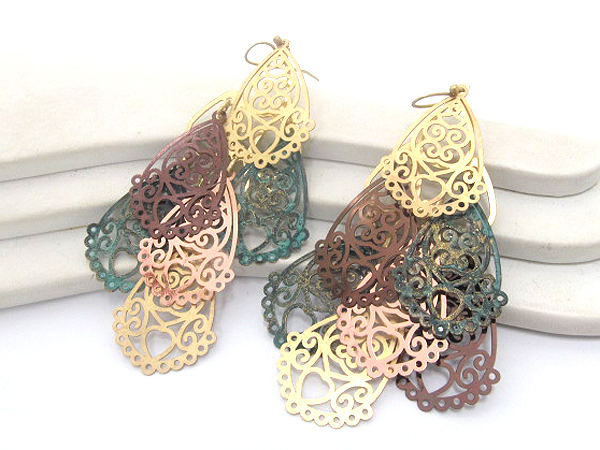 Multi metal tear drop fashion filigree drop earring