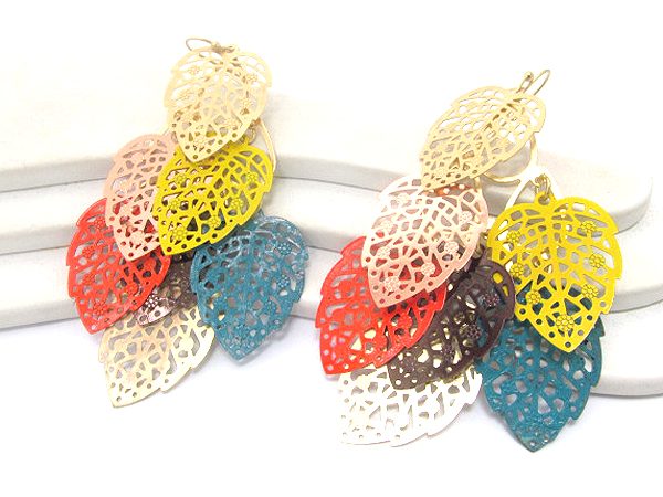 Multi metal leaf fashion filigree drop earring