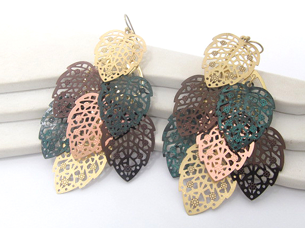 Multi metal leaf fashion filigree drop earring