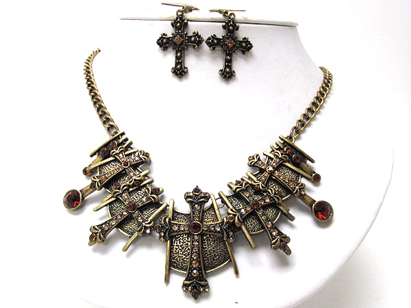 Multi crystal size designer style multi size cross metal patern necklace earring set