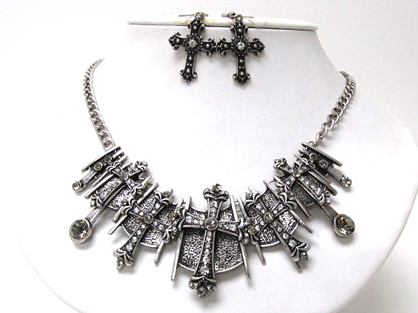 Multi crystal size designer style multi size cross metal patern necklace earring set