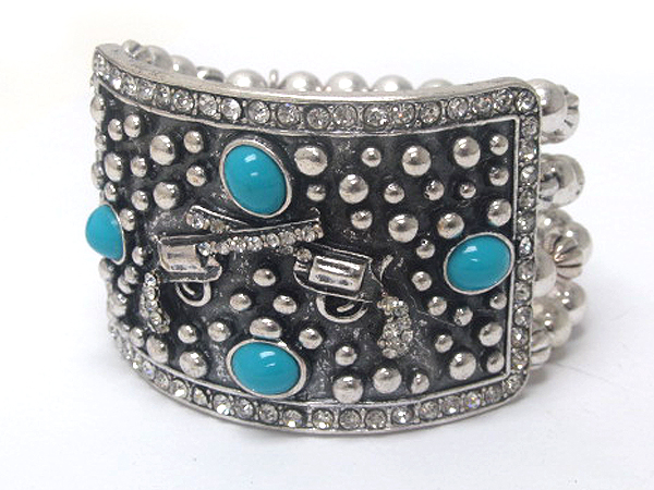 Crystal metal fashion rectangle inside two revolver with acryl stone and metal balls stretch bracelet