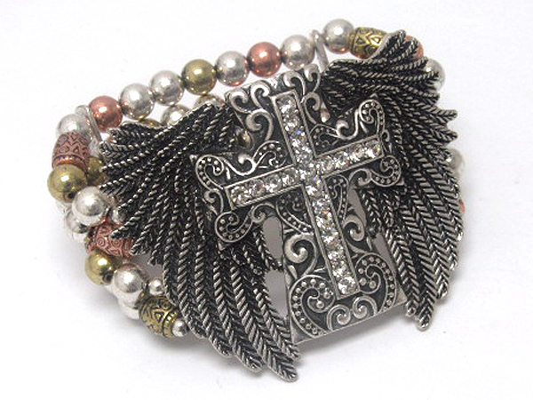 Crystal metal cross and angel wing and multi balls stretch bracelet