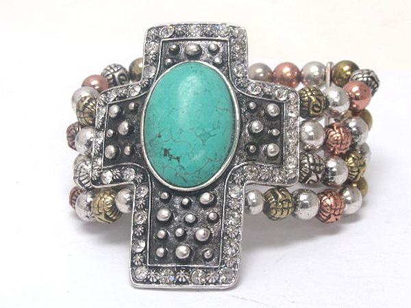 Turquoise and crystal stud cross top metal beads stretch bracelet