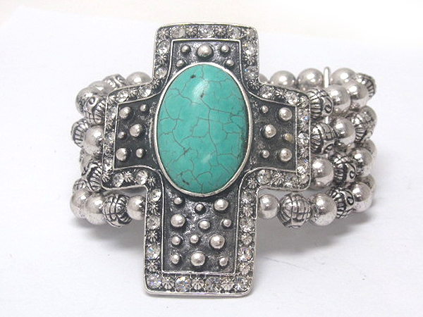 Turquoise and crystal stud cross top metal beads stretch bracelet