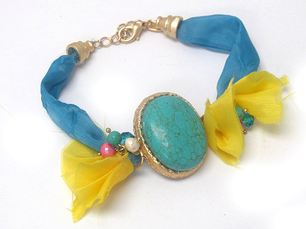 Fashion oval natural stone tied on colorful fabric with pearls chain bracelet