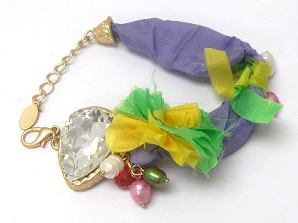 Crysyal tear drop and crystal glass and pearl patern and fashion colorful tied fabric on chain bracelet