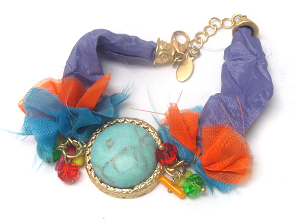 Round natural stone crystal glass and chip stone and fashion colorful tied fabric on chain bracelet