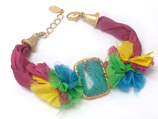 Square natural stone and chip stone and fashion colorful tied fabric on chain bracelet