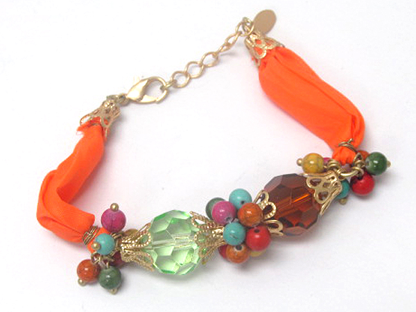 Two glass stone and multi small ball natural stone and fashion colorful fabric tied on chain bracelet