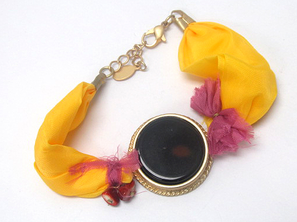 Round natural stone crystal with chip stone and fashion colorful tied fabric on chain bracelet